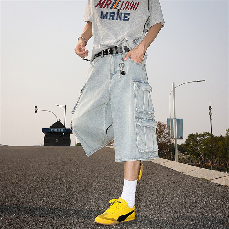 美式夏季做旧水洗牛仔短酷男痞帅宽松多口袋五分裤潮DK01142-P50,男装牛仔裤,星座308B-1