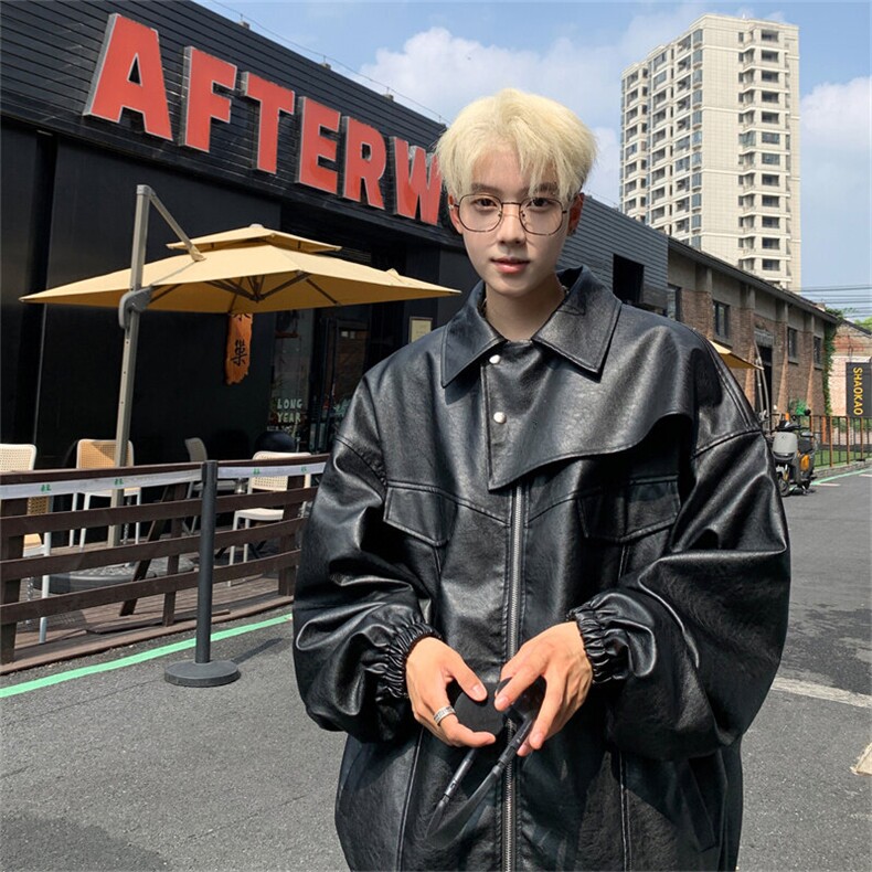 XJ415-特75控138机车皮衣外套男美式设计感潮牌宽松痞帅皮夹克,男装夹克,电商B370