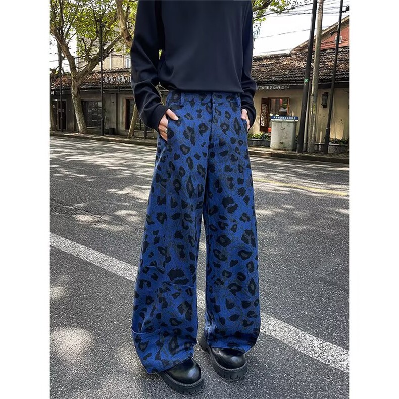 美式豹纹弯刀牛仔裤男女微喇小众2025秋季高街宽松显瘦休闲阔腿裤,男装牛仔裤,四季星座505