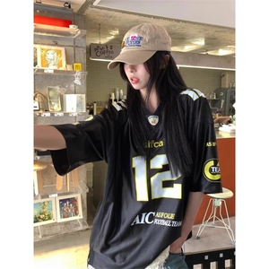 夏季新款设计感小众美式复古印花宽松短袖球衣T恤街头运动休闲T恤图片