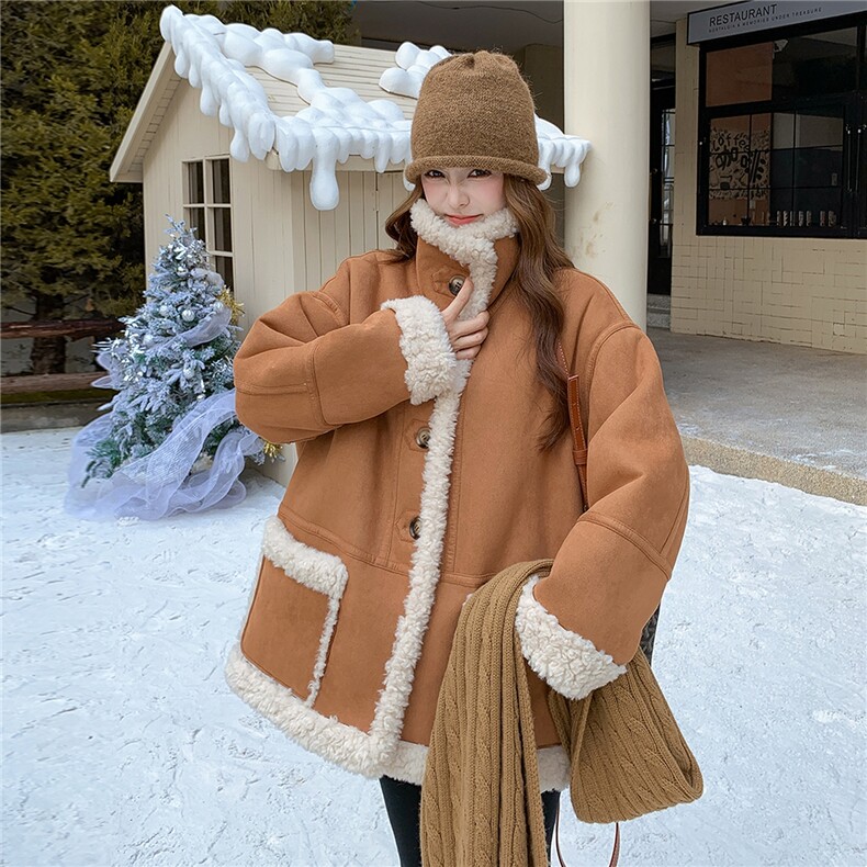 咖色复古双面穿麂皮绒羊羔毛外套女2025冬季保暖加厚皮毛一体棉服,女装羊羔毛/颗粒绒,乐吉娜