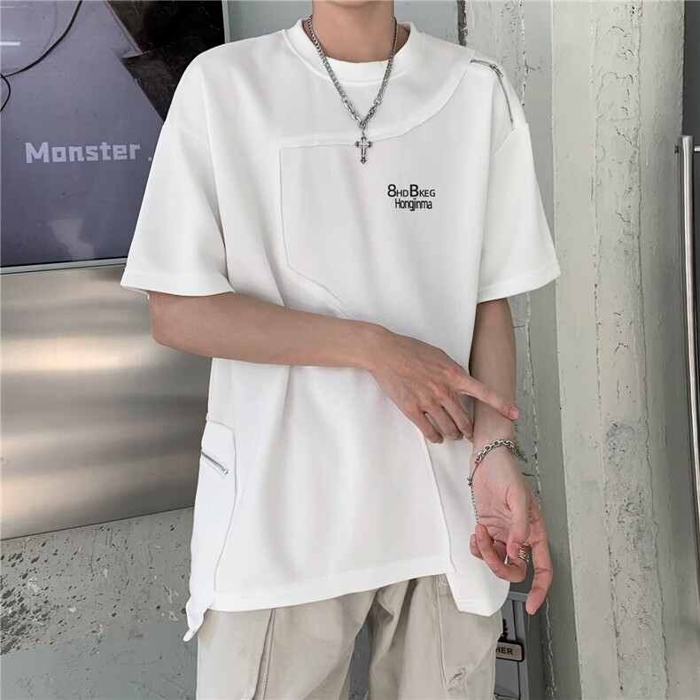 夏季流行拼接设计感纯棉白色短袖T恤上衣男士侧拉链X01,男装T恤,星座1013