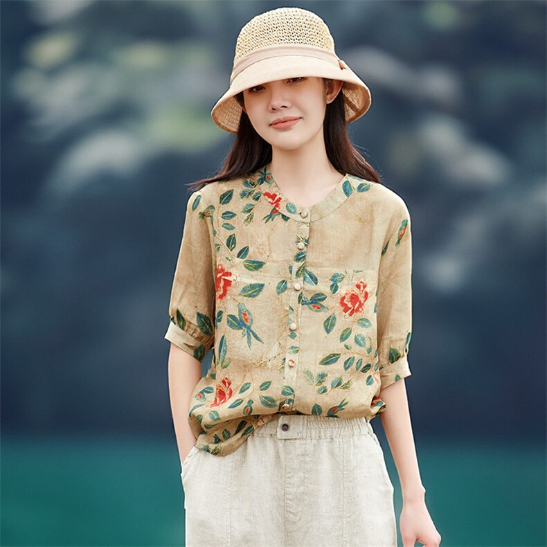 2026年春季文艺风女短袖宽松常规苎麻，女装衬衫，江南依恋