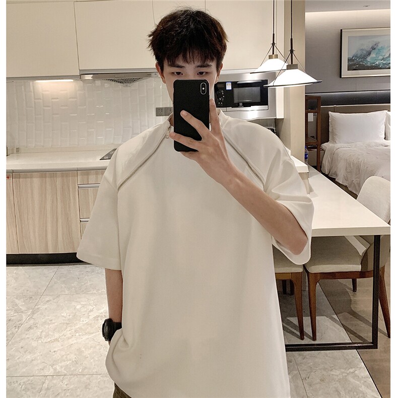 1港风美式双拉链设计T恤大码M-5XL情侣短袖T恤男DT77098P40控58,男装T恤,星座226-2