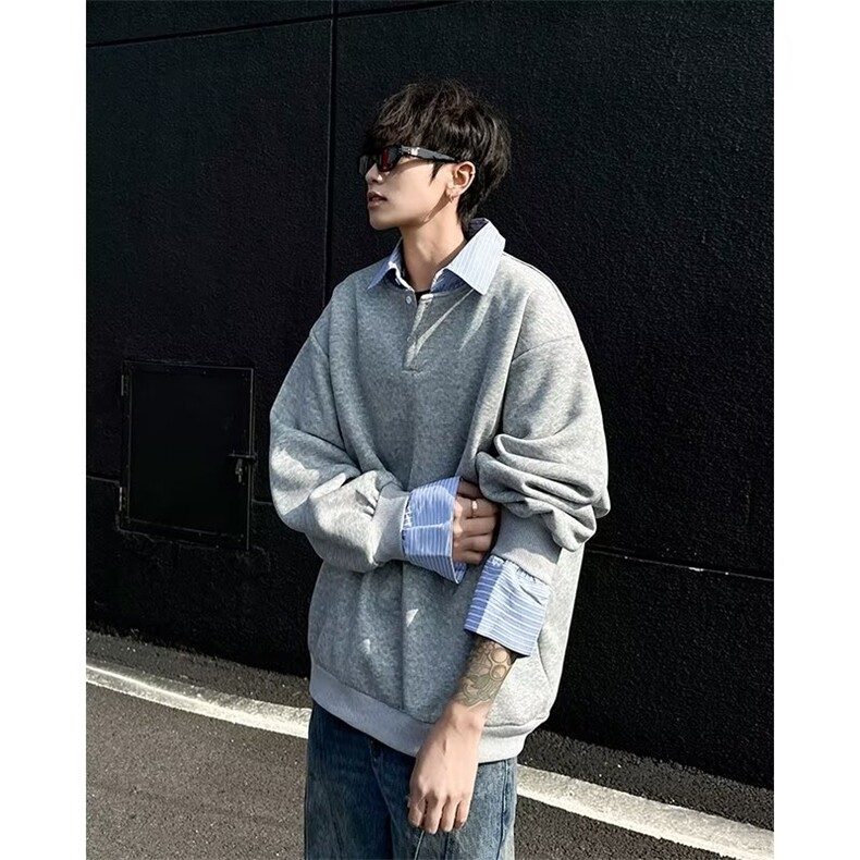 E55P45韩版假两件撞色拼接卫衣长袖男装宽松衬衫领套头男女,男装卫衣,星座512-6