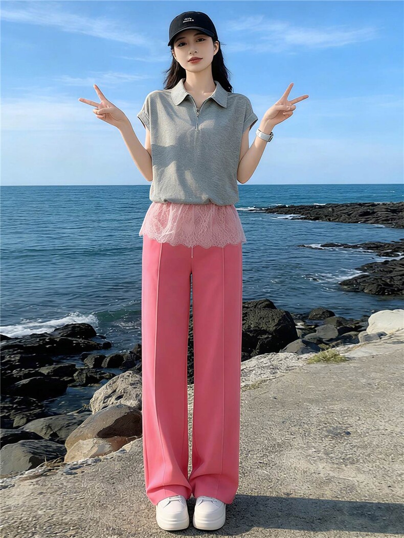 女夏季新款欧韩时尚休闲运动套装蕾丝拼接短袖高腰阔腿长裤两件套,女装套装/套裙,江南