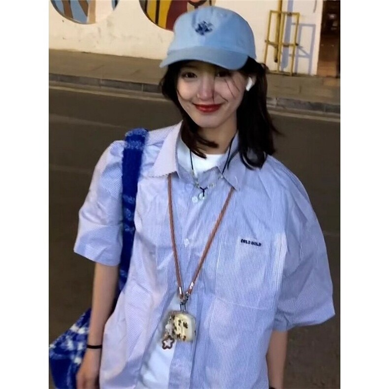 网图现货美式宽松条纹短袖衬衫男女CS14/P35,男装衬衫,星座205-3