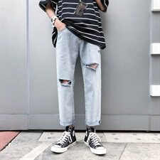 夏季港风浅色破洞牛仔裤男宽松潮流百搭九分裤子港风9228P28，男装牛仔裤，星座410-6（原星座1304-1）