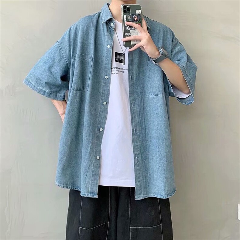 牛仔短袖衬衫男夏季薄款潮流五分袖衬衣ins百搭宽松外套CS124-P40图片
