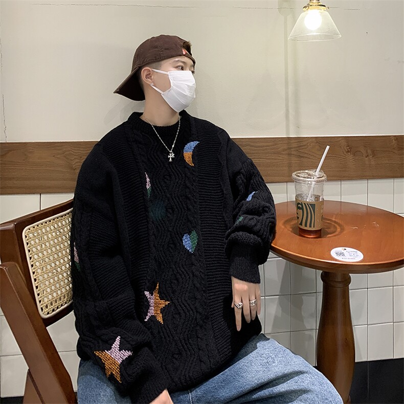 秋冬季潮牌慵懒套头针织衫日系复古刺绣麻花圆领毛衣男M1659-P58,男装针织衫/毛衣,星座512-4