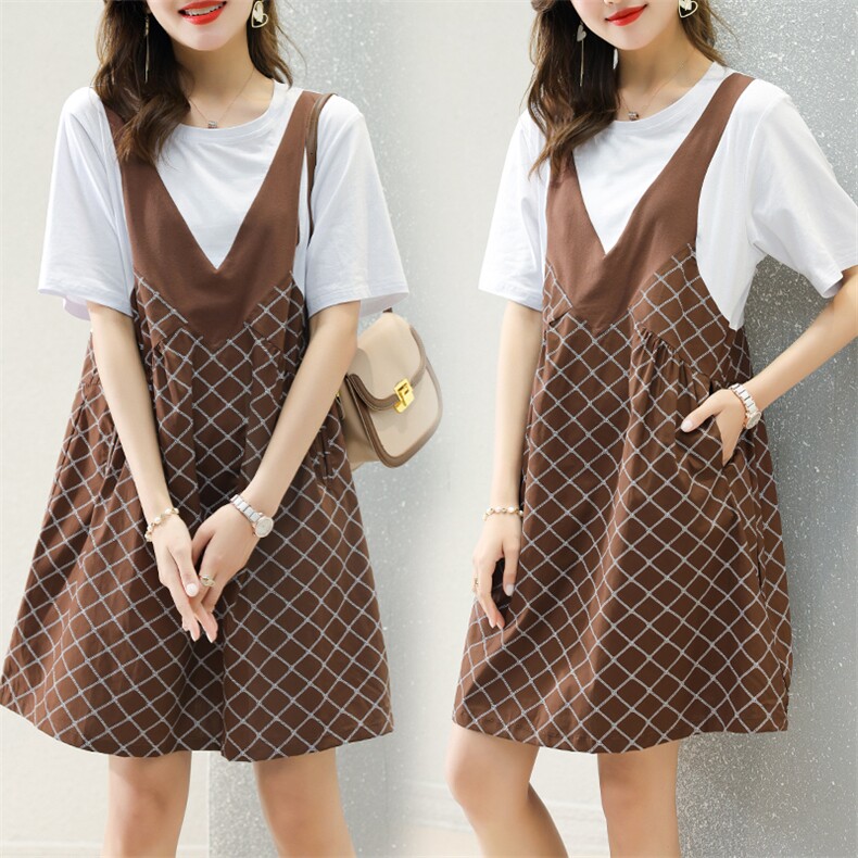 现货2023时尚减龄撞色拼接假两件宽松连衣裙，女装连衣裙，深水步