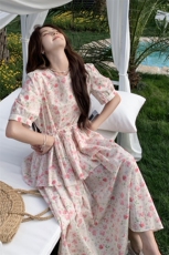 粉色泡泡袖碎花连衣裙女2025年夏季新款韩系甜美宽松小个子娃娃裙，女装连衣裙，2C220