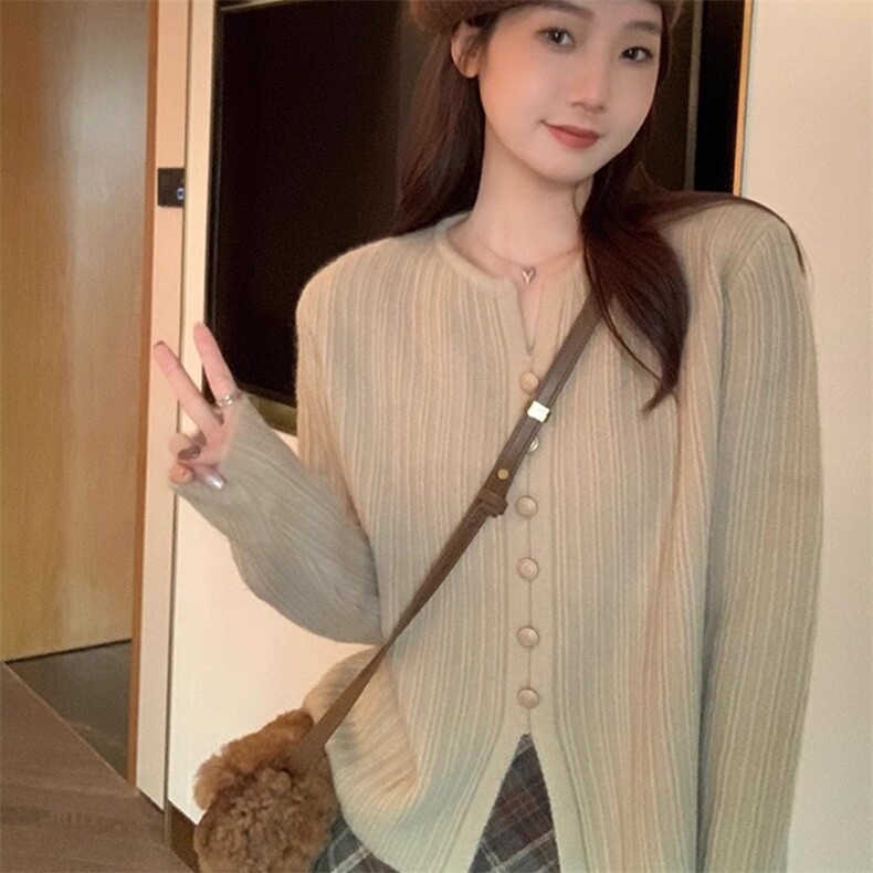 秋季新款纯色针织单排扣开衫时尚百搭,针织衫/毛衣,泰沅羊绒