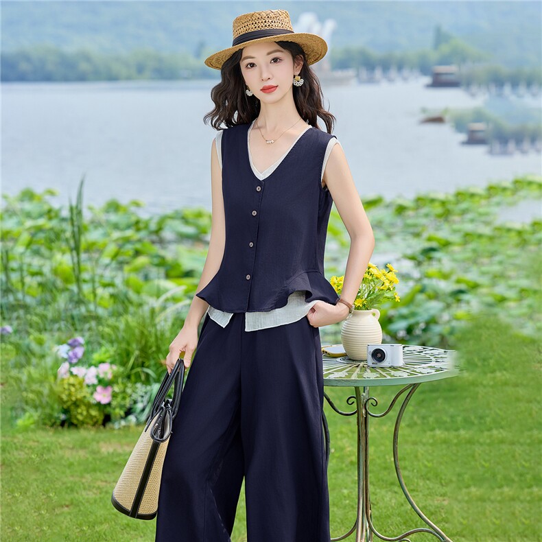 现货2026夏季时尚潮流天丝亚麻老钱风马甲三件套加阔腿裤套装,女装套装/套裙,兰菲阁