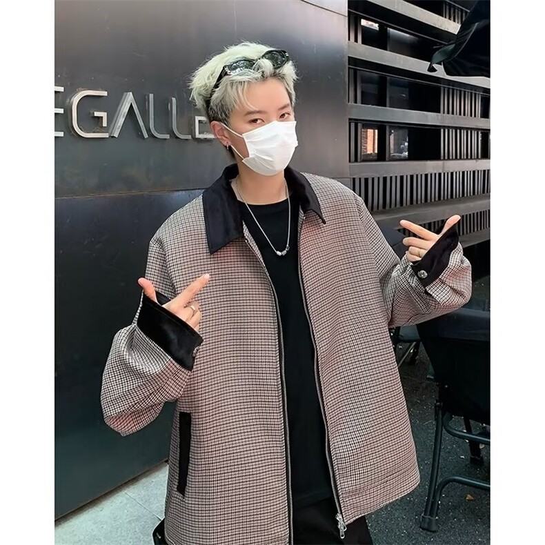 港风秋款男夹克衫千鸟格拼色宽松拉链外套JK861P72,男装夹克,星座1013-1