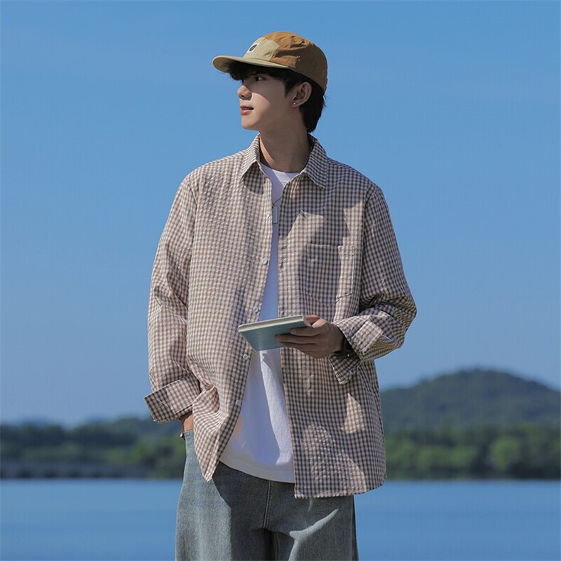 春装小格子长袖衬衫男宽松休闲大码衬衣 C507P35图片