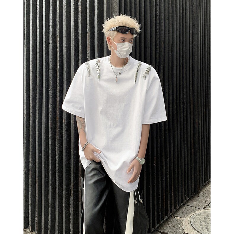 25设计感多头拉链流苏垫肩高品质短袖T恤DX110-P68,男装T恤,电商B288