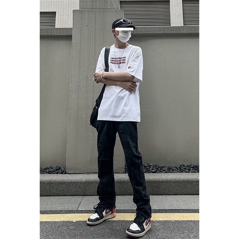 B221 美式ins高街小众假破洞修身微喇牛仔裤 LK22065-P65 控88图片
