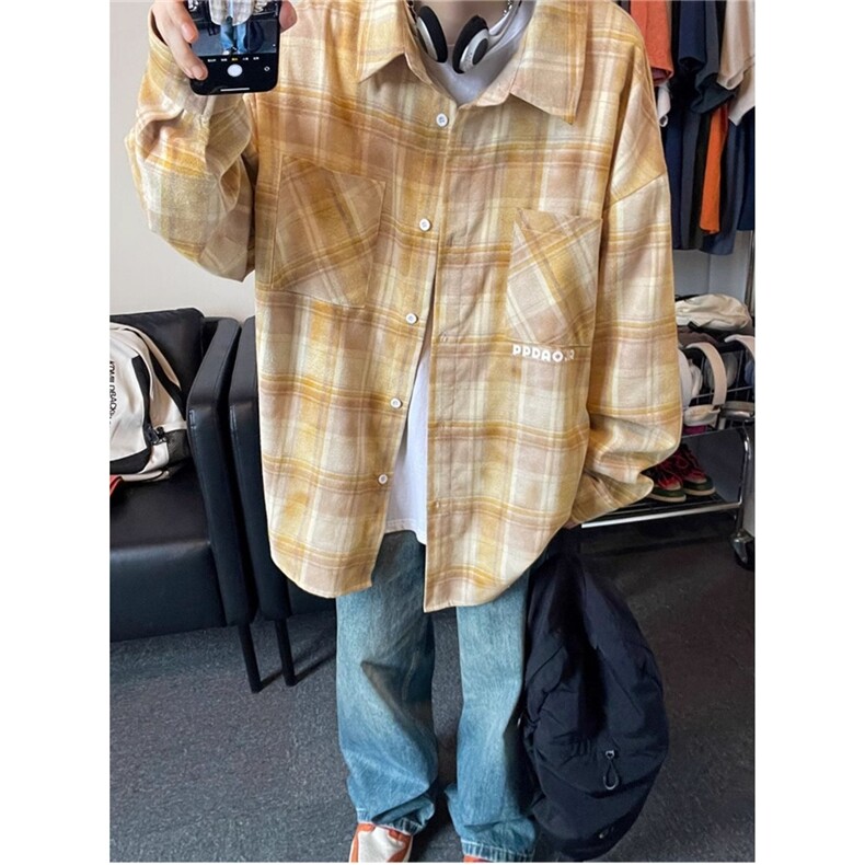 6049-P45春秋季复古潮流格子长袖衬衫男士上衣休闲刺绣衬衣外套,男装衬衫,电商B323A