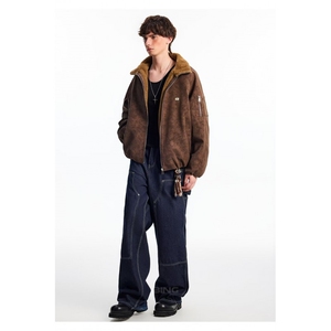 美式复古巴恩风男款冬季高街仿兔毛加厚棉服外套YW326 P100图片