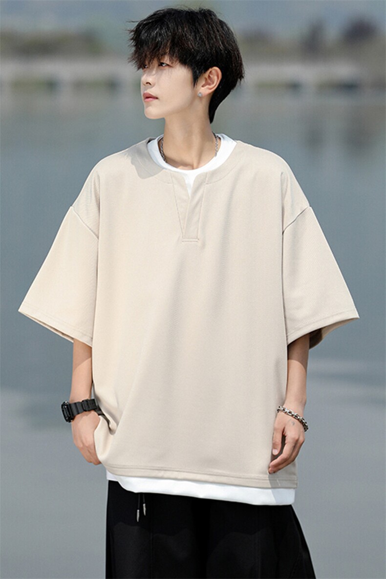 8XL-M重磅斜纹假两件短袖t恤男夏季薄款宽松大码半袖体恤DT006P45,男装T恤,电商B312