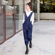 时尚显瘦牛仔背带连体裤女宽松高腰减龄休闲长裤百搭学生工装裤，女装连体裤，秋水欣儿