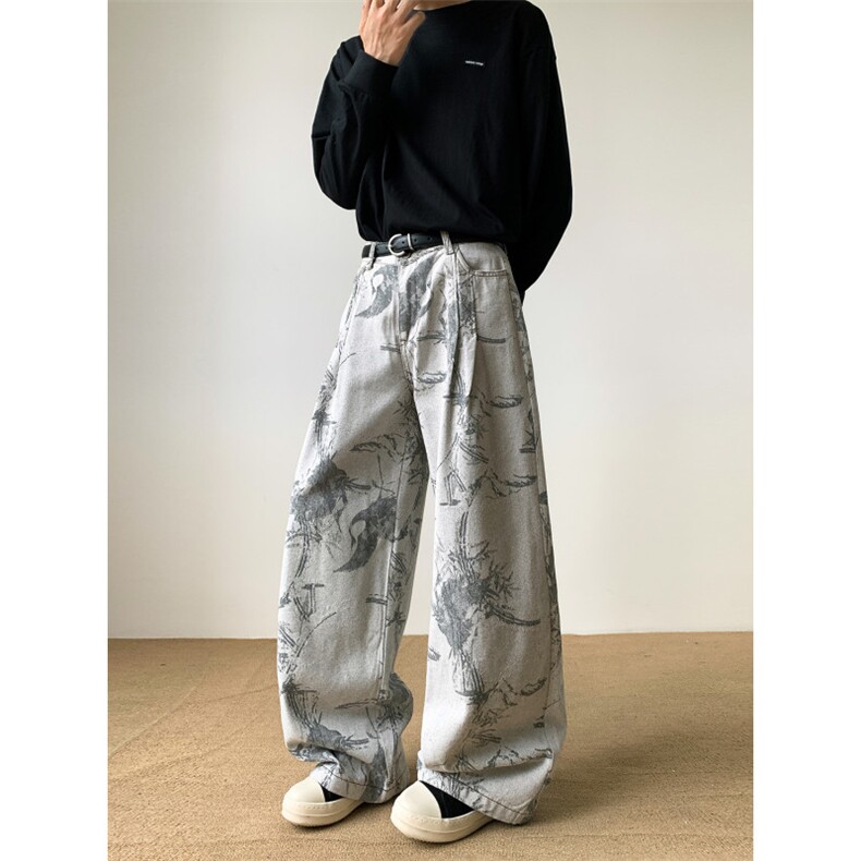 美式复古水洗做旧提花牛仔裤男女宽松直筒阔腿休闲长裤子N074-P55，男装牛仔裤，星座308B-2