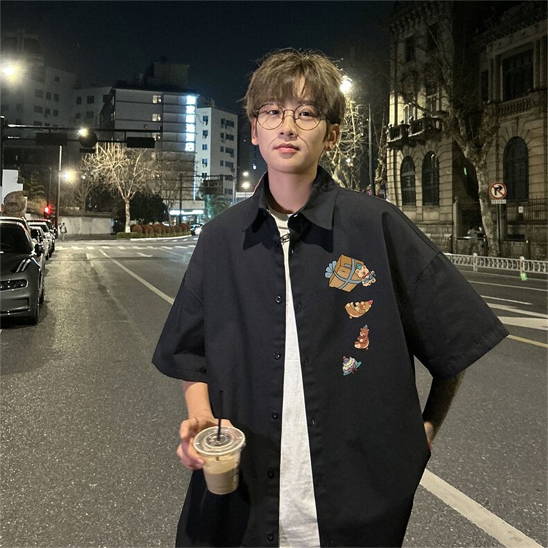 电商DSA028-DX24L15100聚酯特P25新款港风潮流印花短袖衬衫男,男装T恤,电商A028