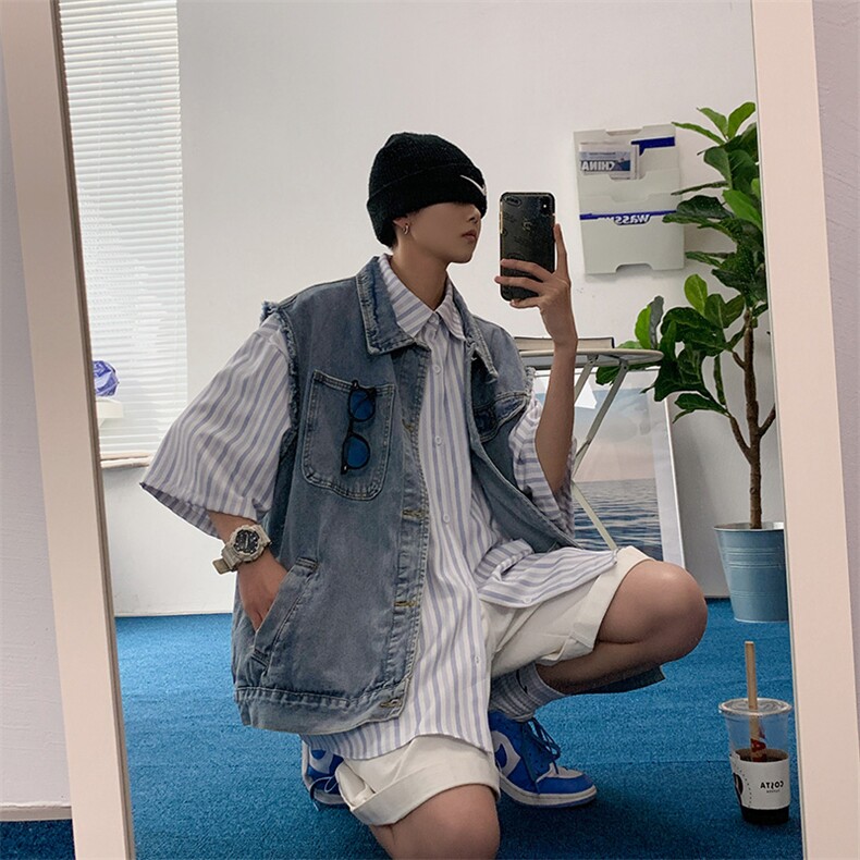 牛仔马甲男潮流宽松休闲情侣外套潮牌设计感毛边坎肩背心B802-P50，男装背心/马甲，星座1008-2