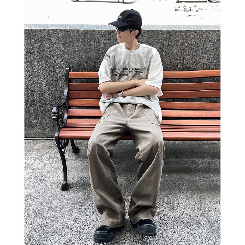 2024新款美式水洗拼接直筒牛仔裤宽松潮纯色休闲裤现货K7934-P50,男装休闲裤,星座512-3
