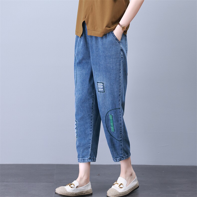 时尚宽松拼接水洗牛仔裤显瘦百搭休闲裤,女装牛仔裤,叶笙衣