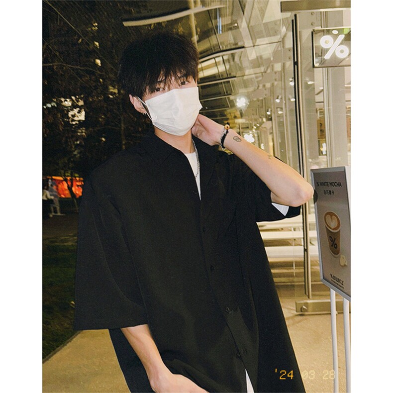 冰丝免烫衬衫X2393-TP3548港风复古夏季宽松垂感短袖衬衣男,男装T恤,电商A102