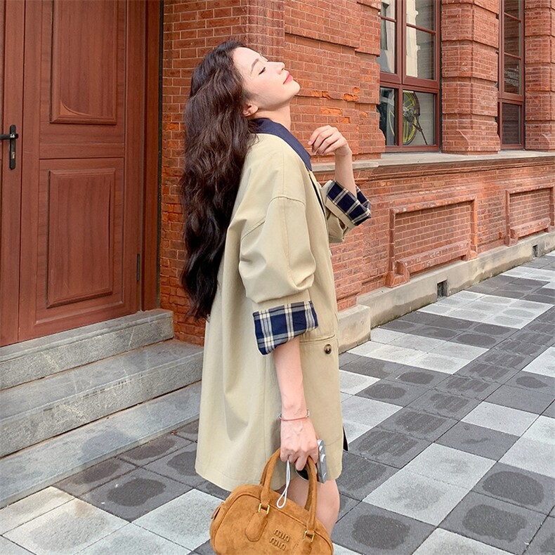 卡其色复古撞色格纹拼接风衣外套女春秋2025新款独特超好看高级感,女装风衣,2C037