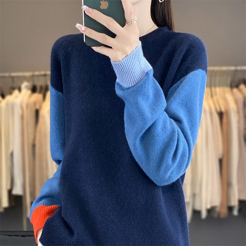 2025年冬季圆领羊毛衫女宽松时尚拼色韩版内搭毛衣打底衫，女装羊毛衫，鸿陌羊绒