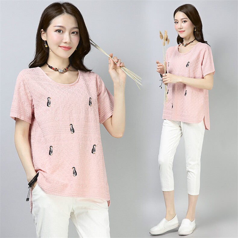 蕾丝衫/雪纺衫圆领件2021年夏季短袖套头休闲时尚，女装蕾丝衫/雪纺衫，简韵佳