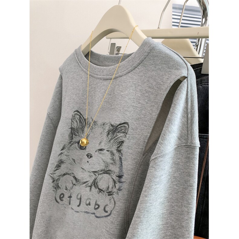 Q295-P45手绘猫咪印花圆领卫衣学院风学生宽松上衣,男装卫衣,星座617A-2