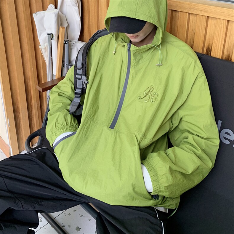 半拉链防晒服男韩版潮纯色字母刺绣连帽2023夏季ins外套W4841-P40,男装防晒衣,星座412-2