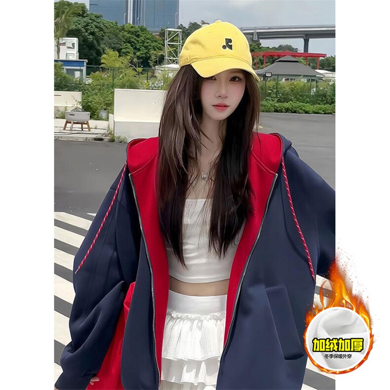 480G重磅加绒硬挺boxy男女秋冬美式高街双层撞色连帽卫衣开衫外套,女装短外套,电商A486-1