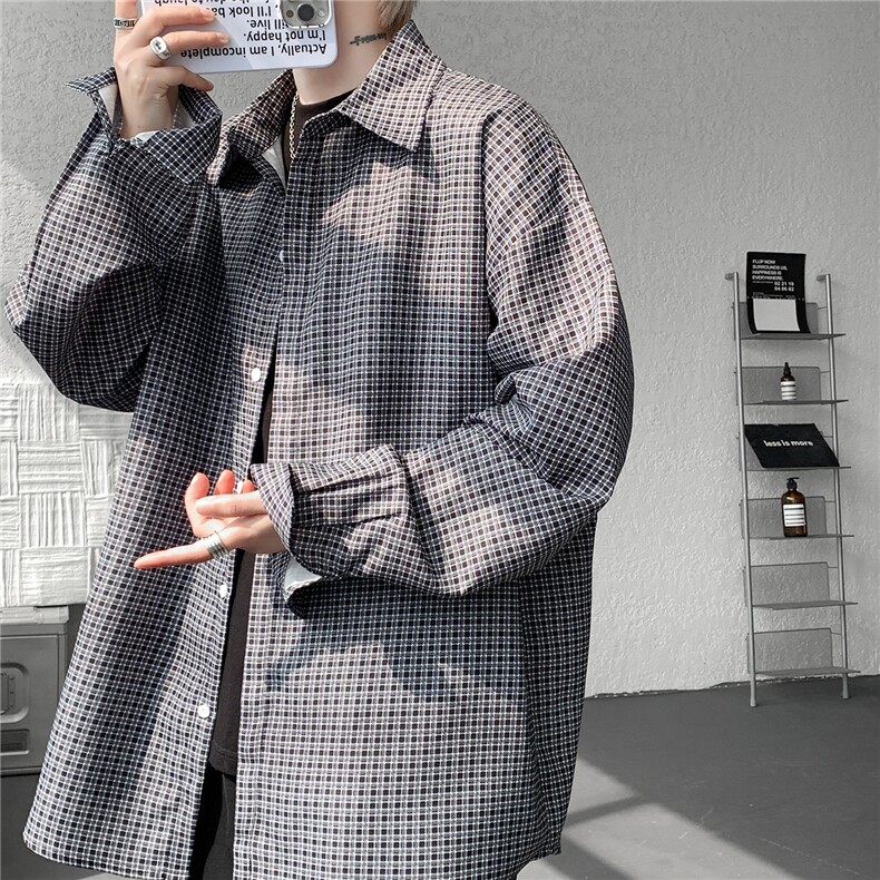 8XL-M长袖衬衫男春夏格子条纹衬衣宽松慵懒风防晒外套CS29005P45图片