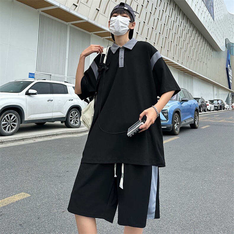 夏季现货主推大码港风冰丝防晒翻领短袖休闲运动套装男S14P60,男装休闲套装,电商B226