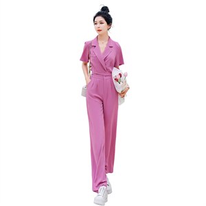 时尚气质紫色两件套装女夏季新款显瘦职业装短袖西服外套阔腿裤图片