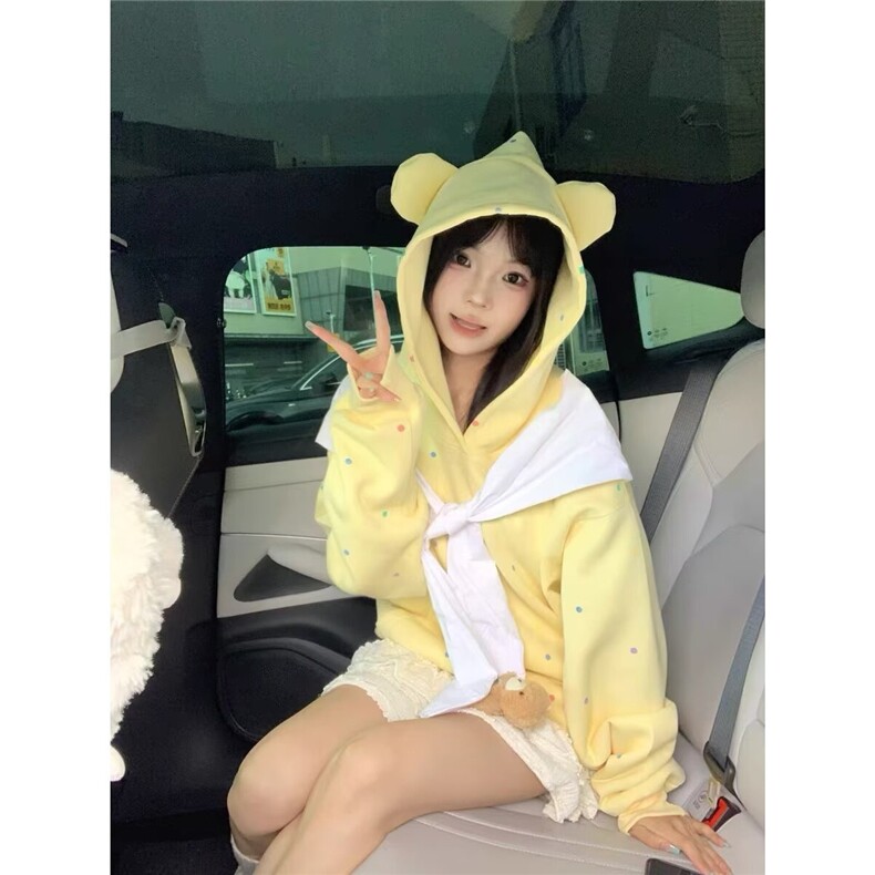 连帽卡通波点卫衣日系慵懒气质简约原宿文艺新款女可爱外套W07，女装短外套，星座310B-2