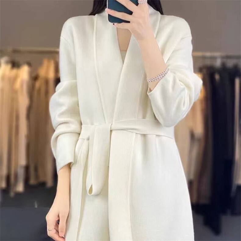 七针加厚宽松大翻领腰带羊毛开衫2025年秋季,女装羊毛衫,唯若美羊绒