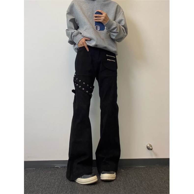 黑色绑带微喇工装牛仔裤情侣ing美式高街喇叭裤子K71556-P57网图,男装牛仔裤,电商B245
