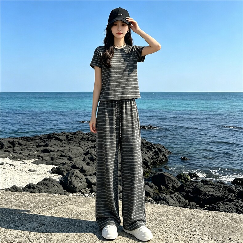 女夏季新款时尚休闲套装欧货圆领条纹短袖上衣高腰阔腿长裤两件套,女装套装/套裙,江南