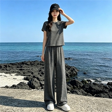 女夏季新款时尚休闲套装欧货圆领条纹短袖上衣高腰阔腿长裤两件套，女装套装/套裙，江南