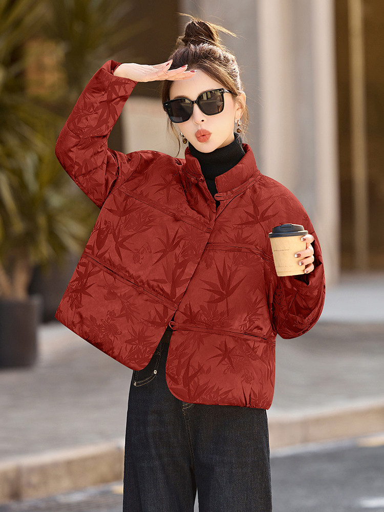 新中式国风提花短款羽绒服女2025冬季新款独特气质盘扣白鸭绒外套,女装羽绒服,橙子家