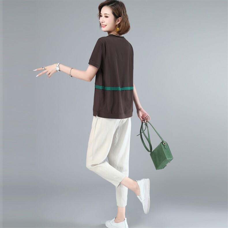 2021年新款夏装时尚两件套装女字母拼接棉上衣加棉麻九分裤女,女装套装/套裙,涵誉
