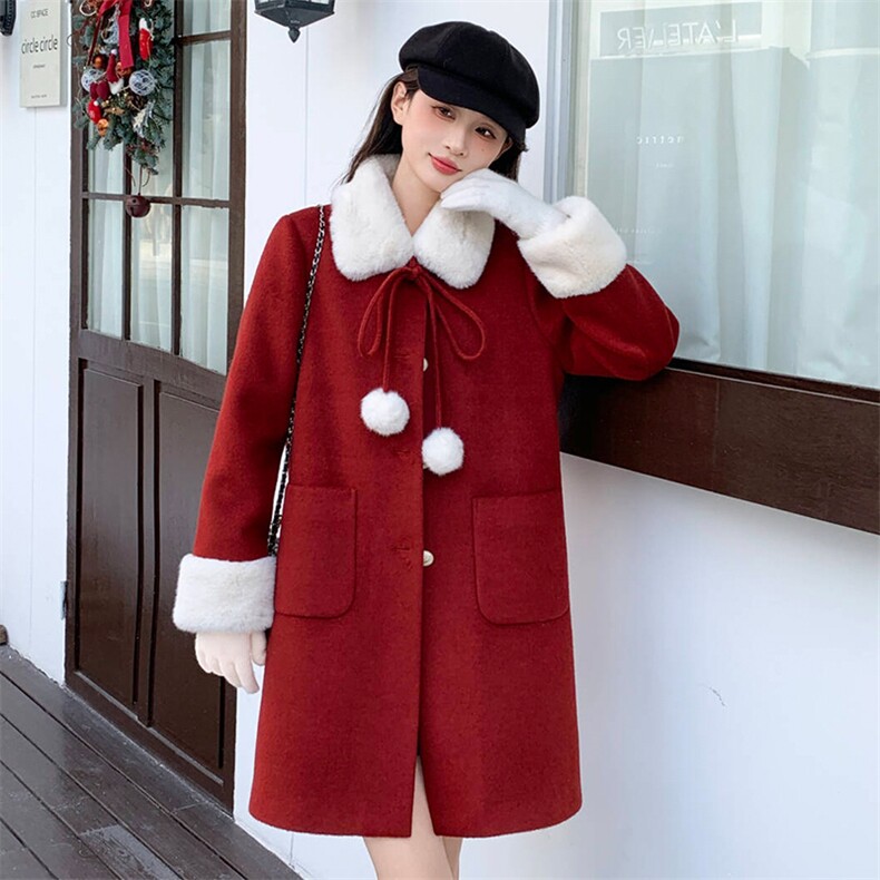 2025年冬季新款韩版时尚优雅气质内胆含90白鸭绒中长款羊毛呢大衣，女装毛呢外套，心心服饰