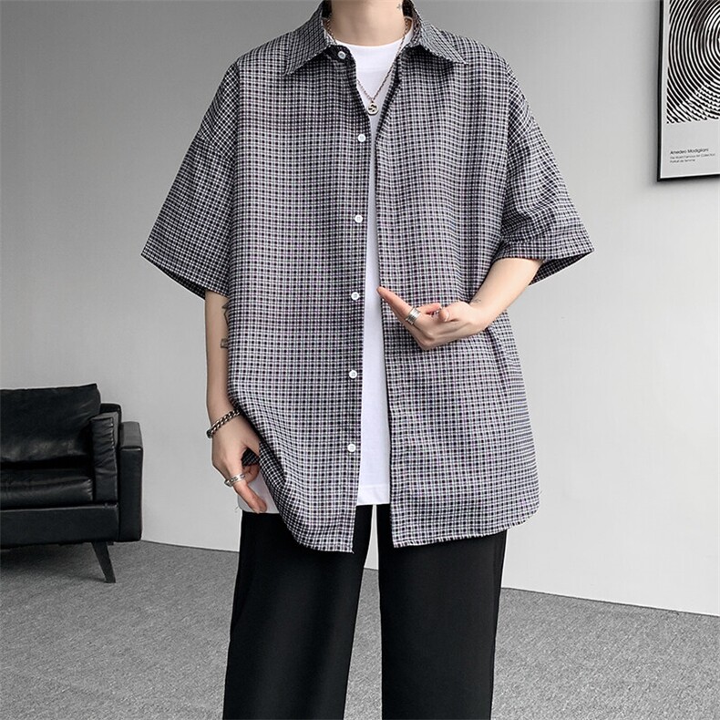 8XL-M短袖衬衫男夏宽松慵懒风痞帅条纹格子衫半袖外套DC28005P40,男装衬衫,电商B312